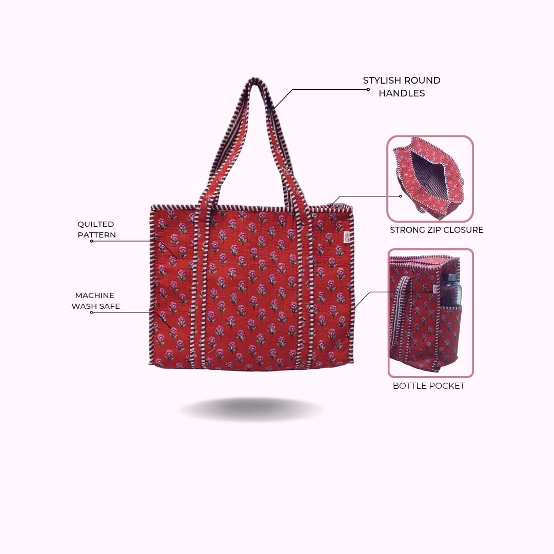 Handblock Printed Quilted Tote Bag with concealed zip ( 17x18x 6 inches)