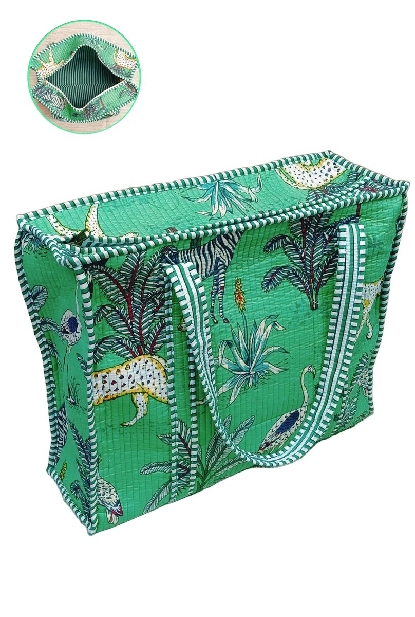 Handblock Printed Quilted Tote Bag with concealed zip ( 17x18x 6 inches)