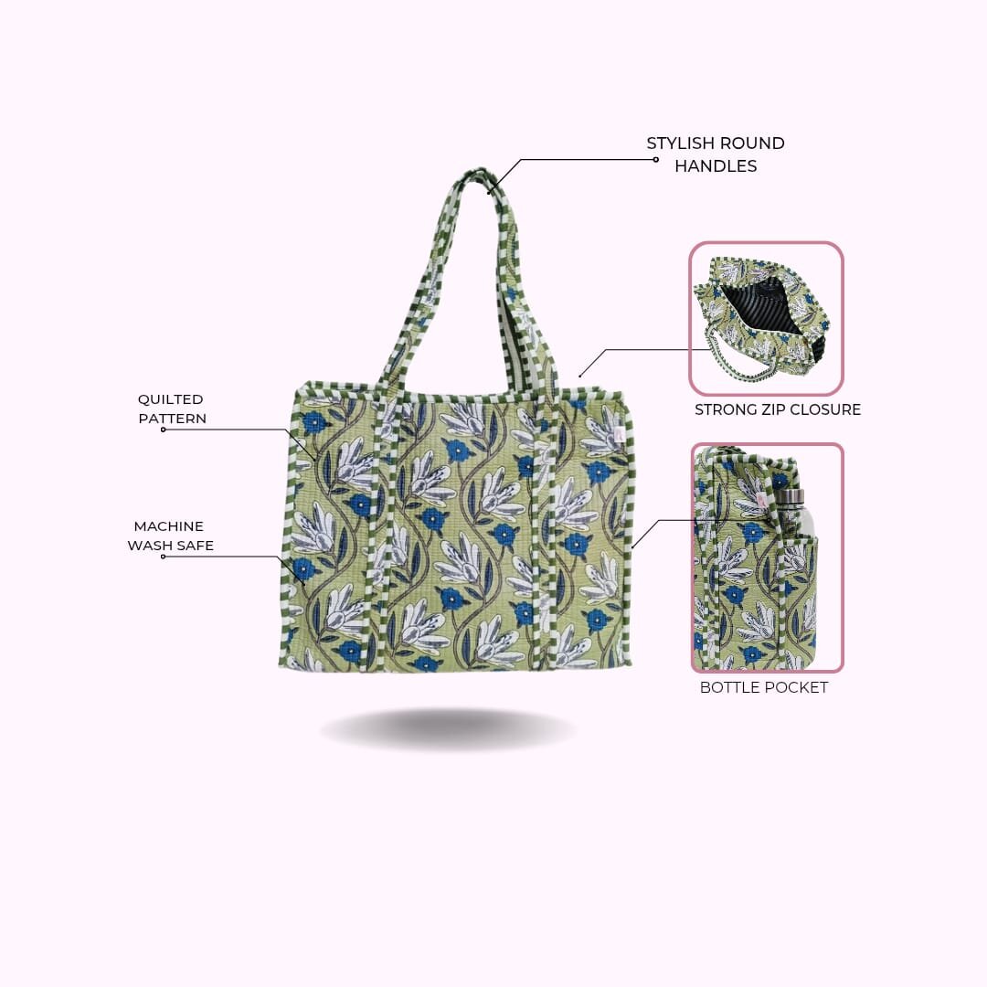 Handblock Printed Quilted Tote Bag with concealed zip ( 17x18x 6 inches)