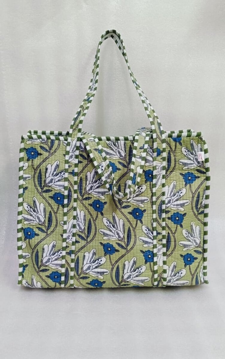 Handblock Printed Quilted Tote Bag with concealed zip ( 17x18x 6 inches)