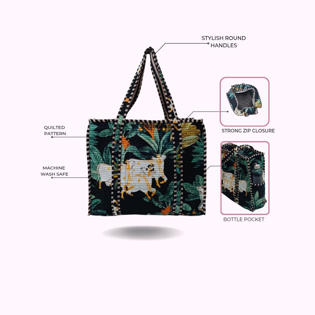 Handblock Printed Quilted Tote Bag with concealed zip ( 17x18x 6 inches)