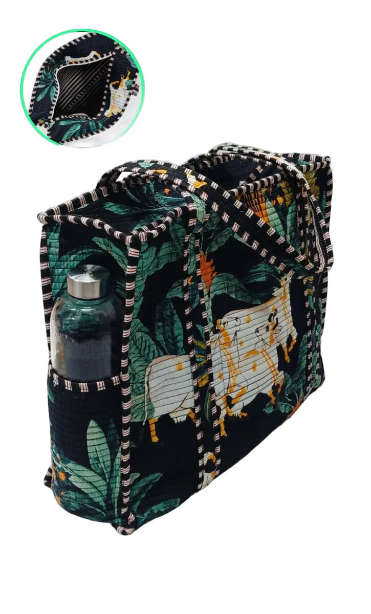 Handblock Printed Quilted Tote Bag with concealed zip ( 17x18x 6 inches)