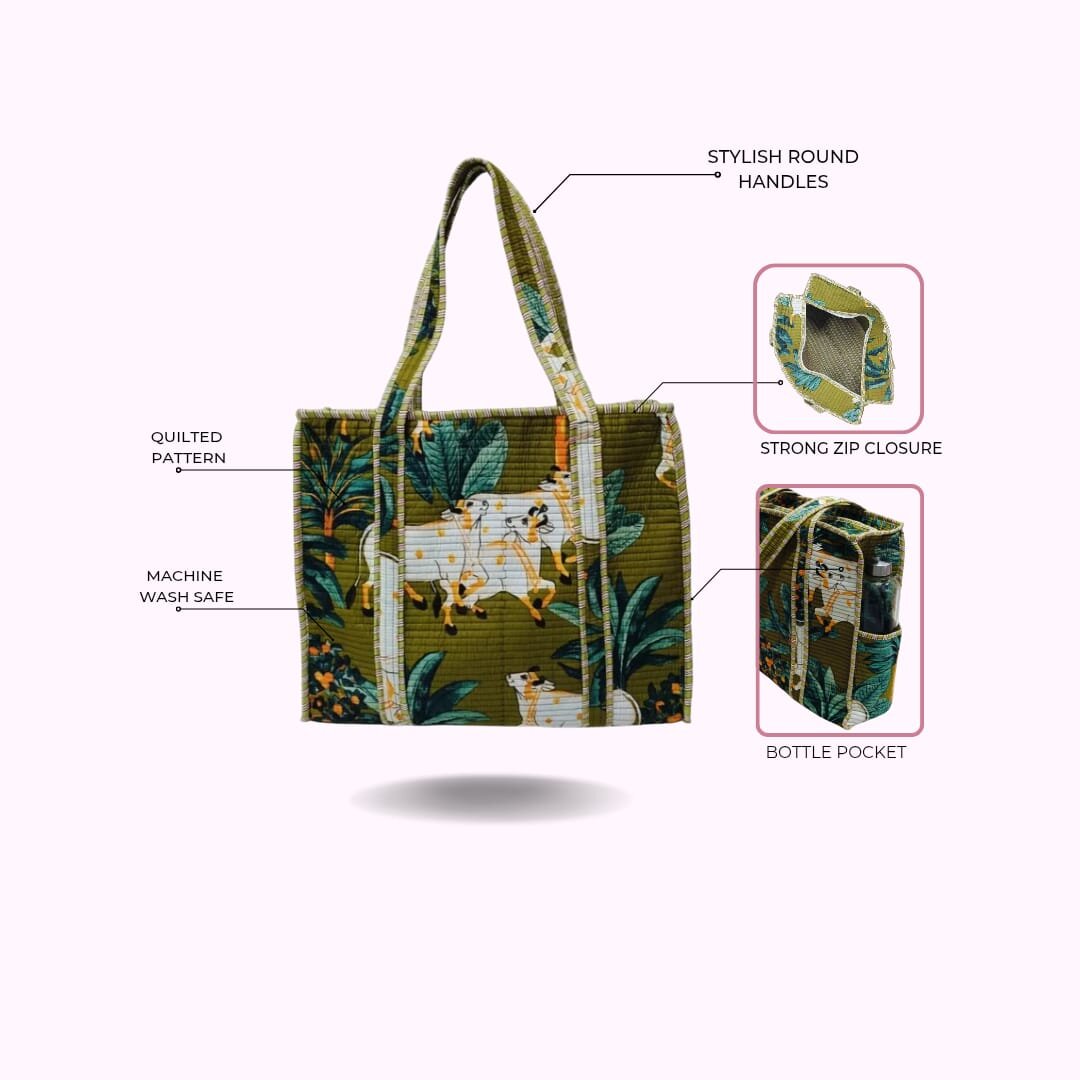 Handblock Printed Quilted Tote Bag with concealed zip ( 17x18x 6 inches)