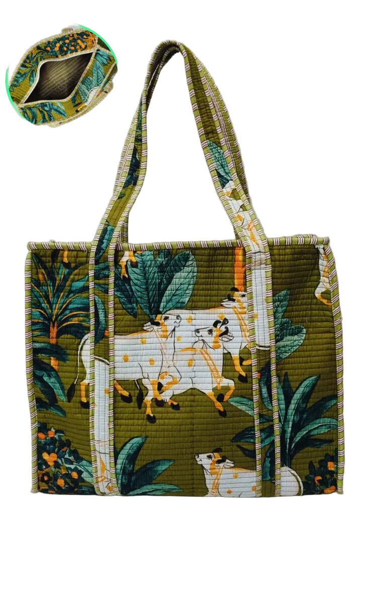 Handblock Printed Quilted Tote Bag with concealed zip ( 17x18x 6 inches)