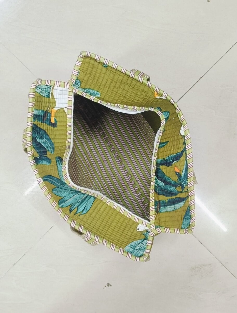 Handblock Printed Quilted Tote Bag with concealed zip ( 17x18x 6 inches)