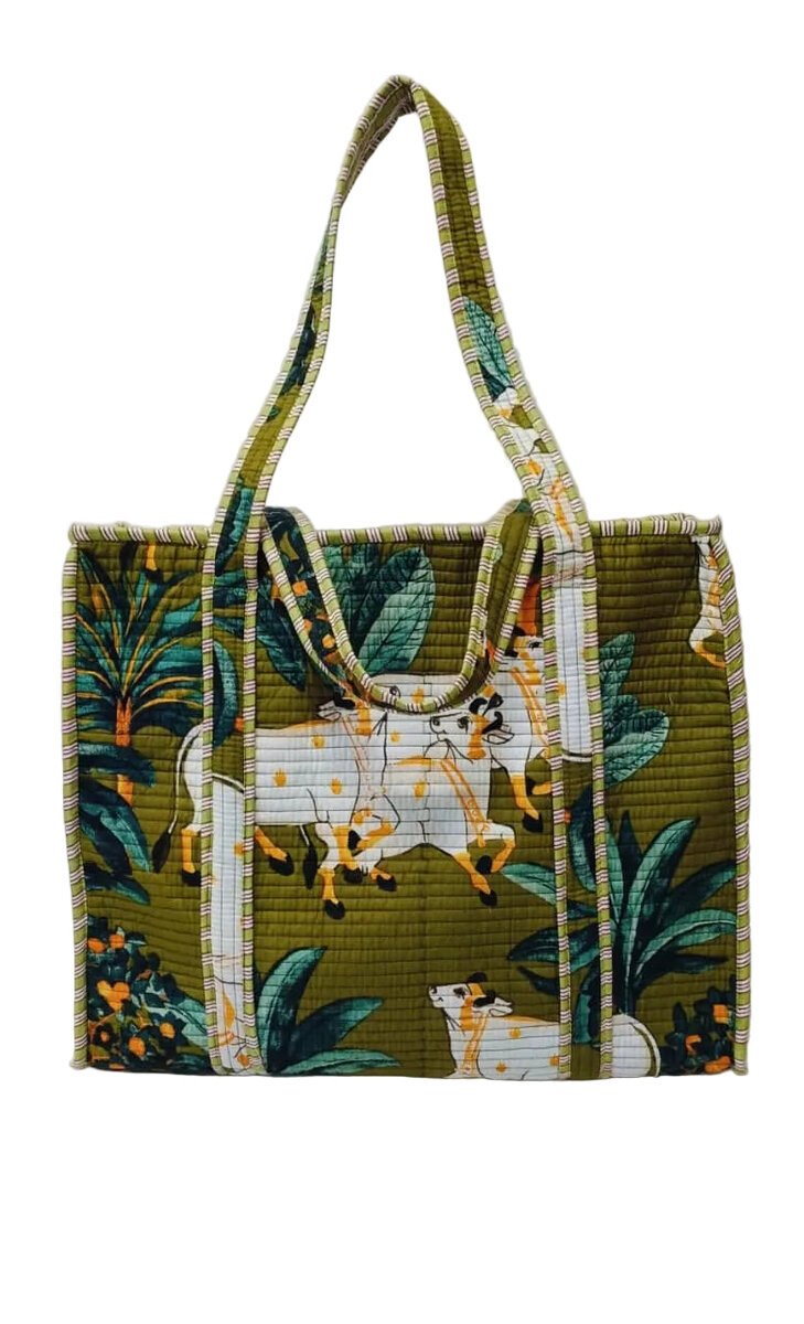 Handblock Printed Quilted Tote Bag with concealed zip ( 17x18x 6 inches)