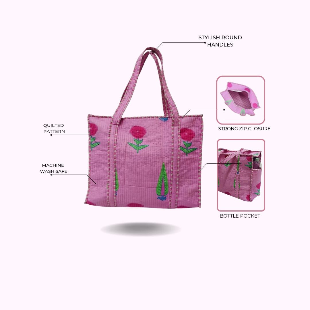 Handblock Printed Quilted Tote Bag with concealed zip ( 17x18x 6 inches)