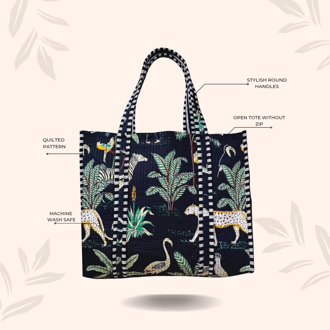 Handblock Printed Quilted Tote Bag without zip/button 17x18x 6 inches