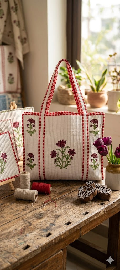 Classic White Block Printed Quilted Tote Bag without zip/button 17x18x 6 inches