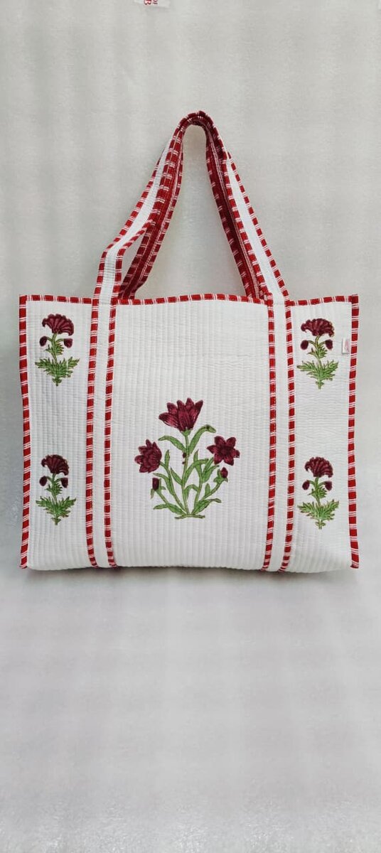 Classic White Block Printed Quilted Tote Bag without zip/button 17x18x 6 inches