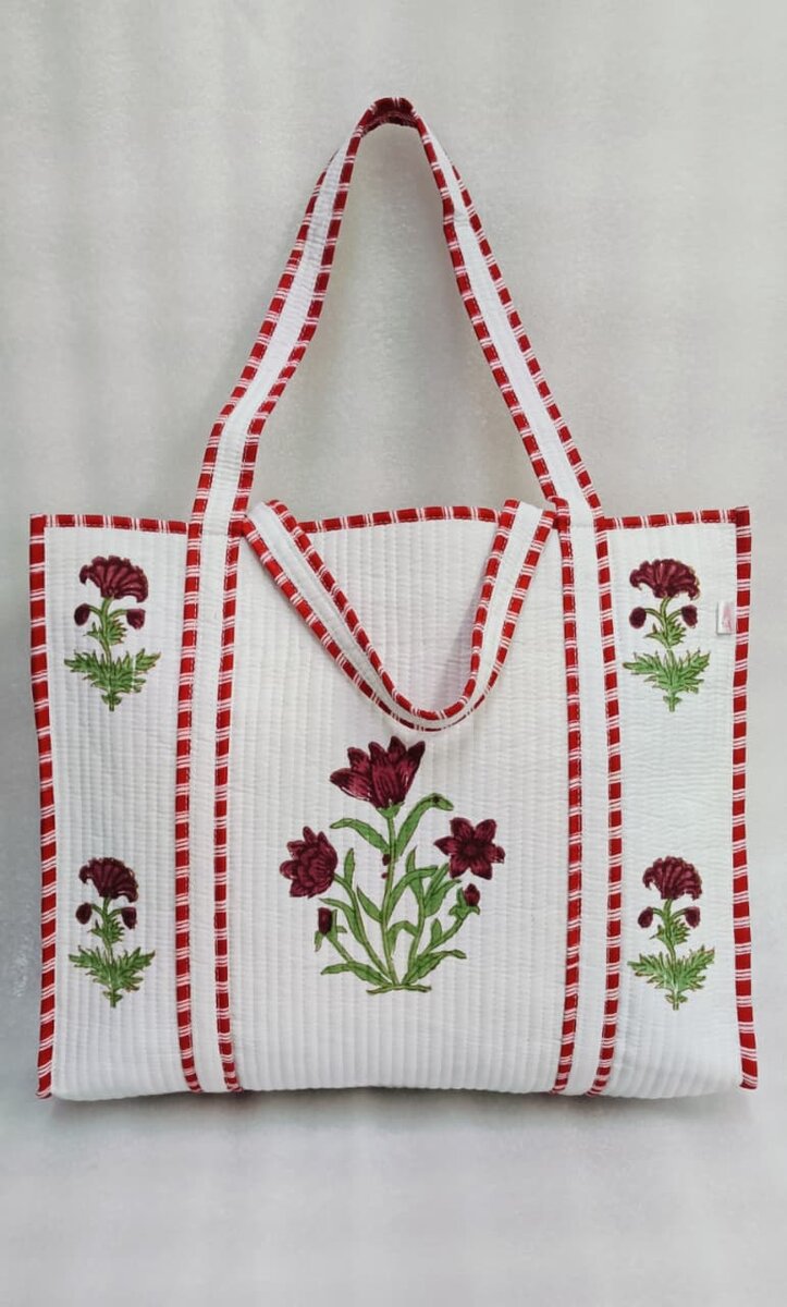 Classic White Block Printed Quilted Tote Bag without zip/button 17x18x 6 inches