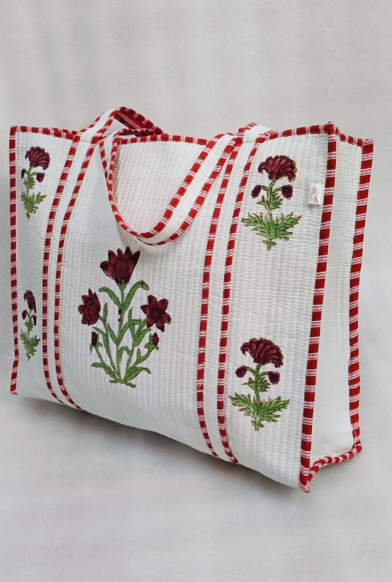 Classic White Block Printed Quilted Tote Bag without zip/button 17x18x 6 inches