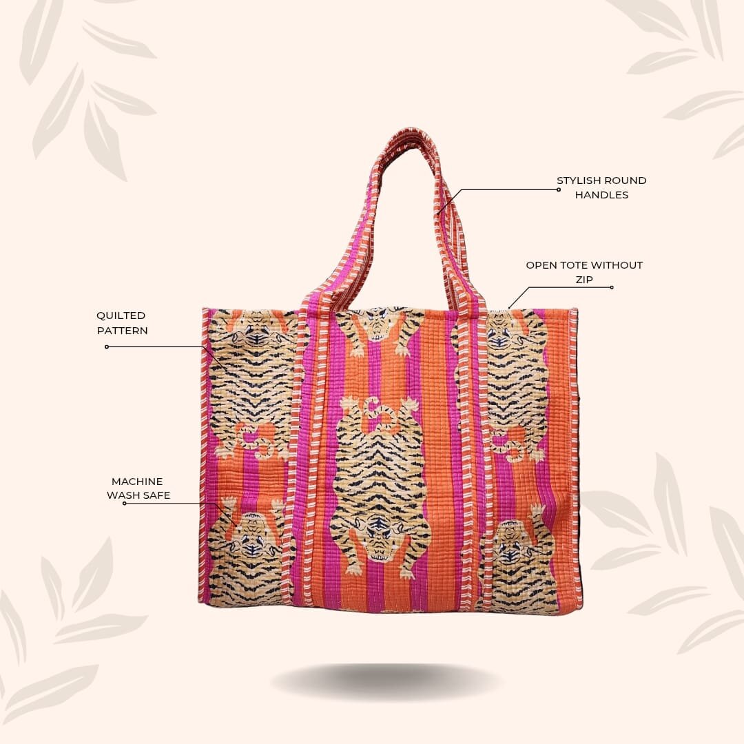 Handblock Printed Quilted Tote Bag without zip/button 17x18x 6 inches