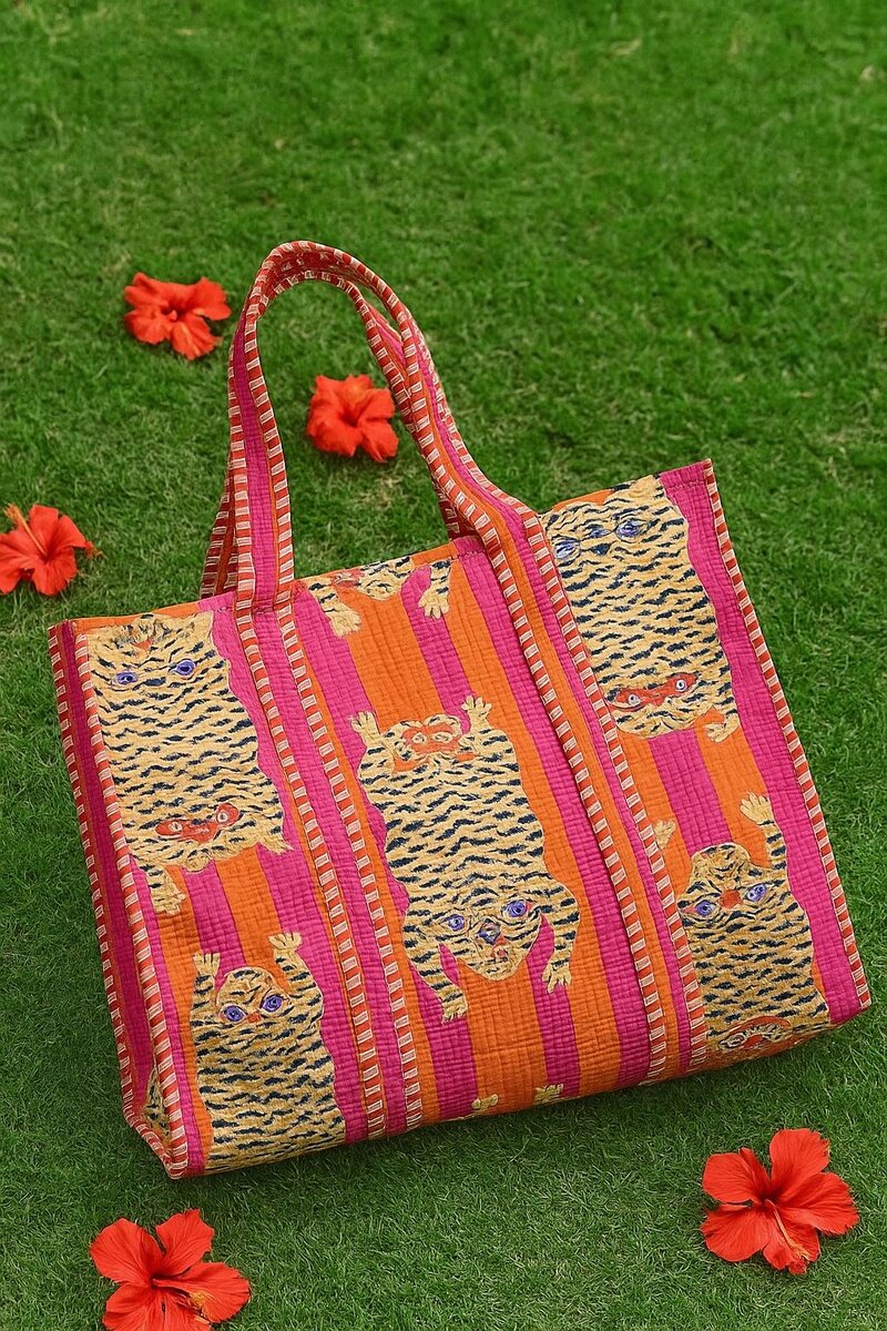 Handblock Printed Quilted Tote Bag without zip/button 17x18x 6 inches
