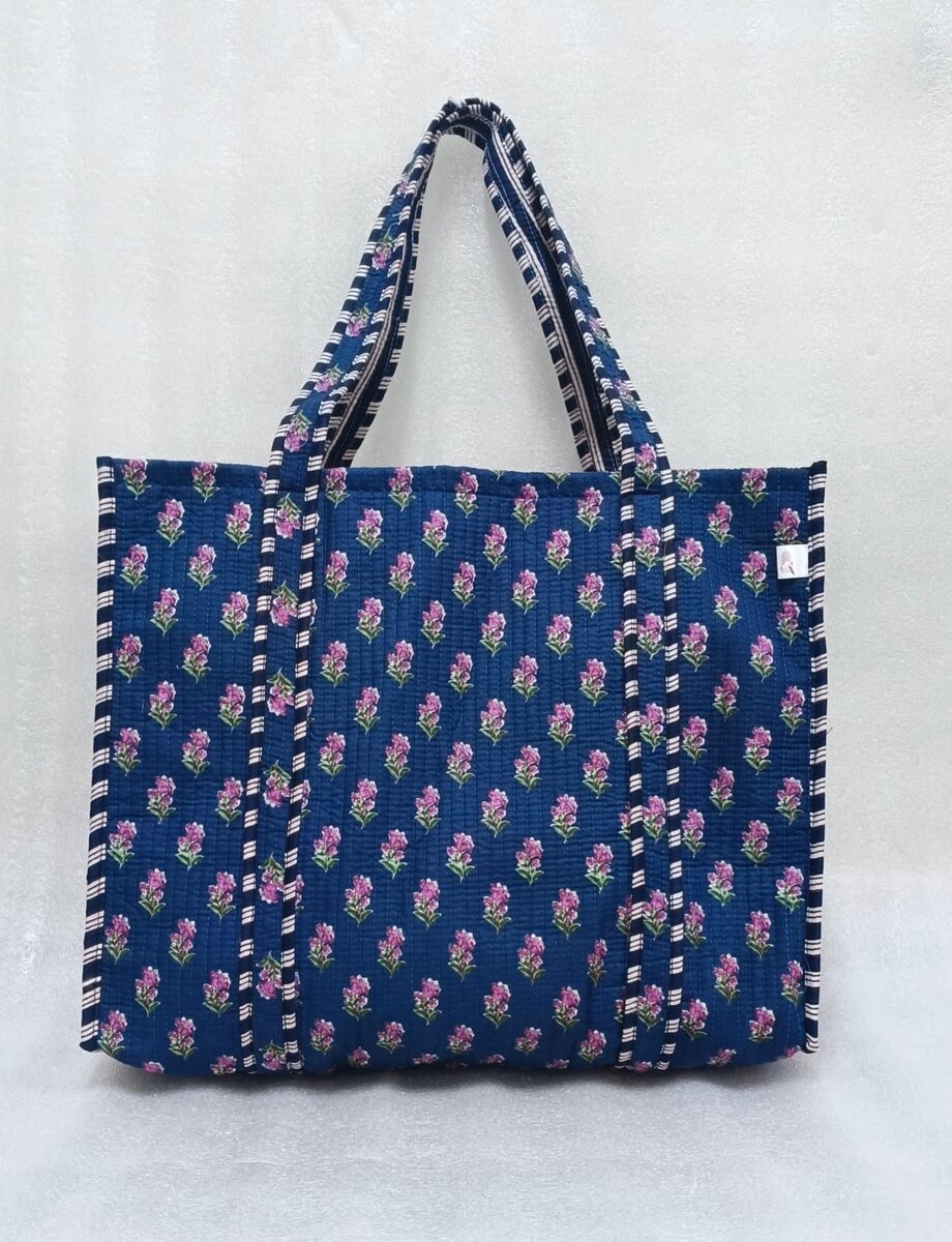 Handblock Printed Quilted Tote Bag without zip/button 17x18x 6 inches
