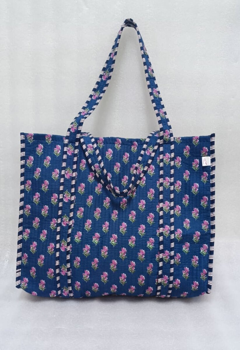 Handblock Printed Quilted Tote Bag without zip/button 17x18x 6 inches