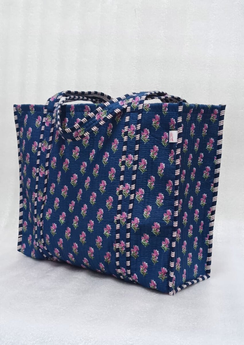 Handblock Printed Quilted Tote Bag without zip/button 17x18x 6 inches