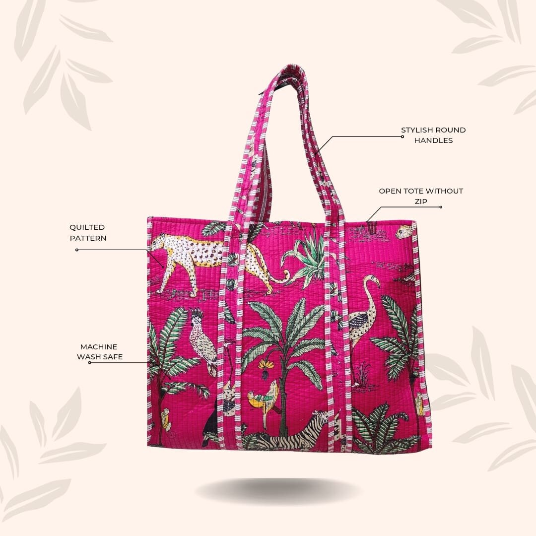 Handblock Printed Quilted Tote Bag without zip/button 17x18x 6 inches