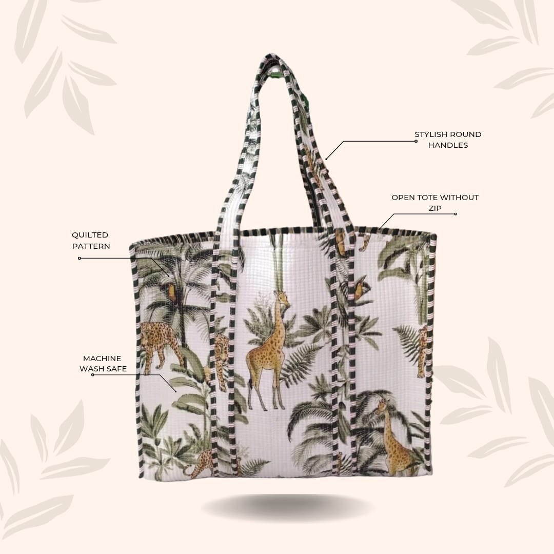 Handblock Printed Quilted Tote Bag without zip/button 17x18x 6 inches