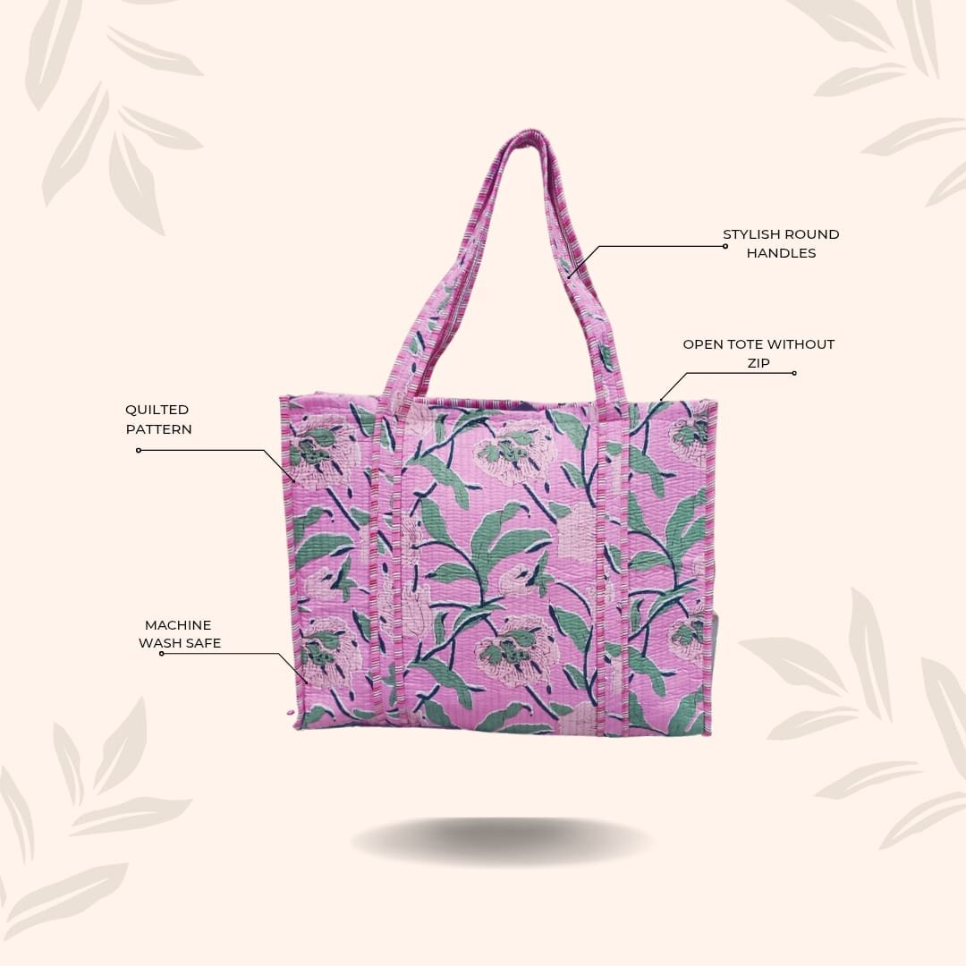 Handblock Printed Quilted Tote Bag without zip/button 17x18x 6 inches