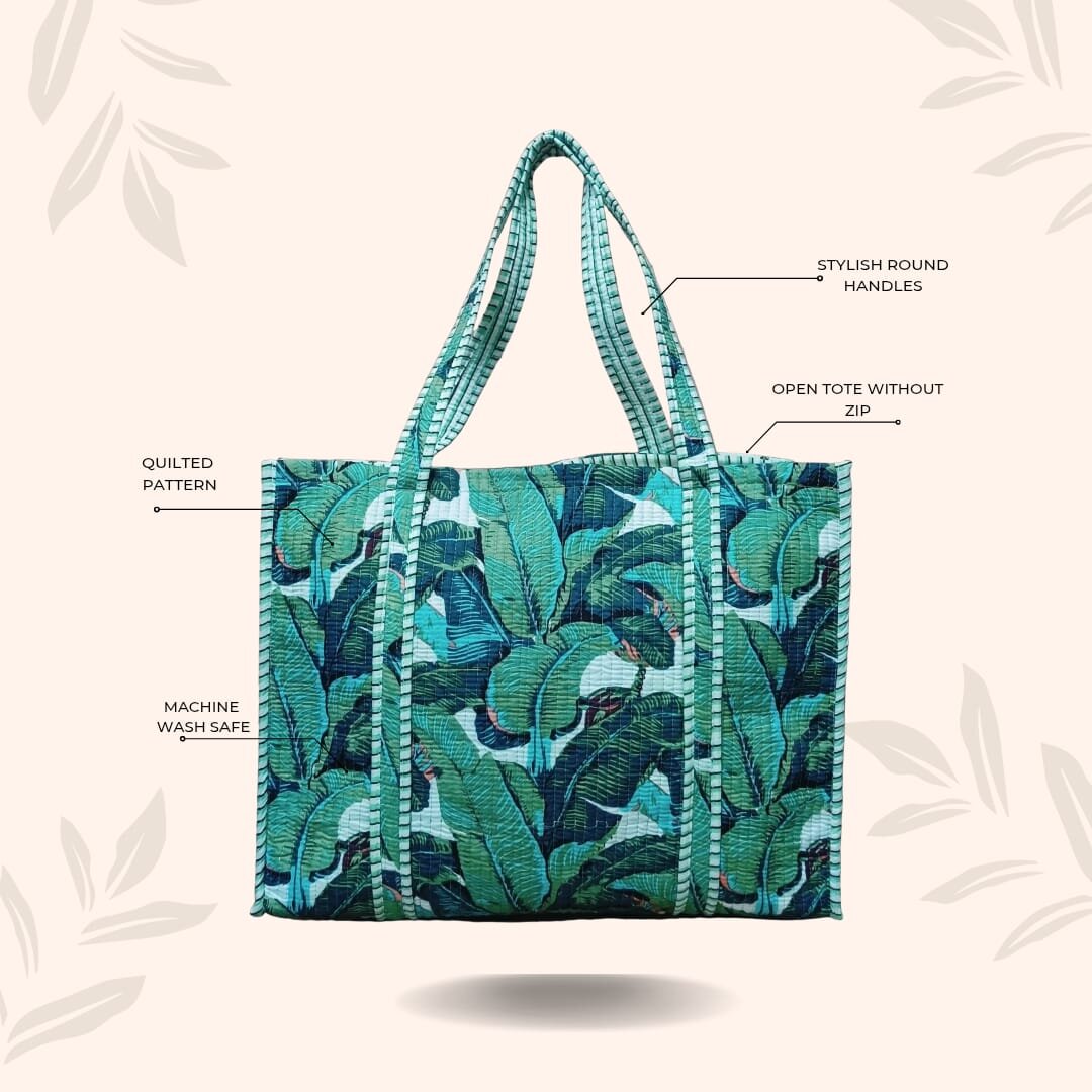 Handblock Printed Quilted Tote Bag without zip/button 17x18x 6 inches