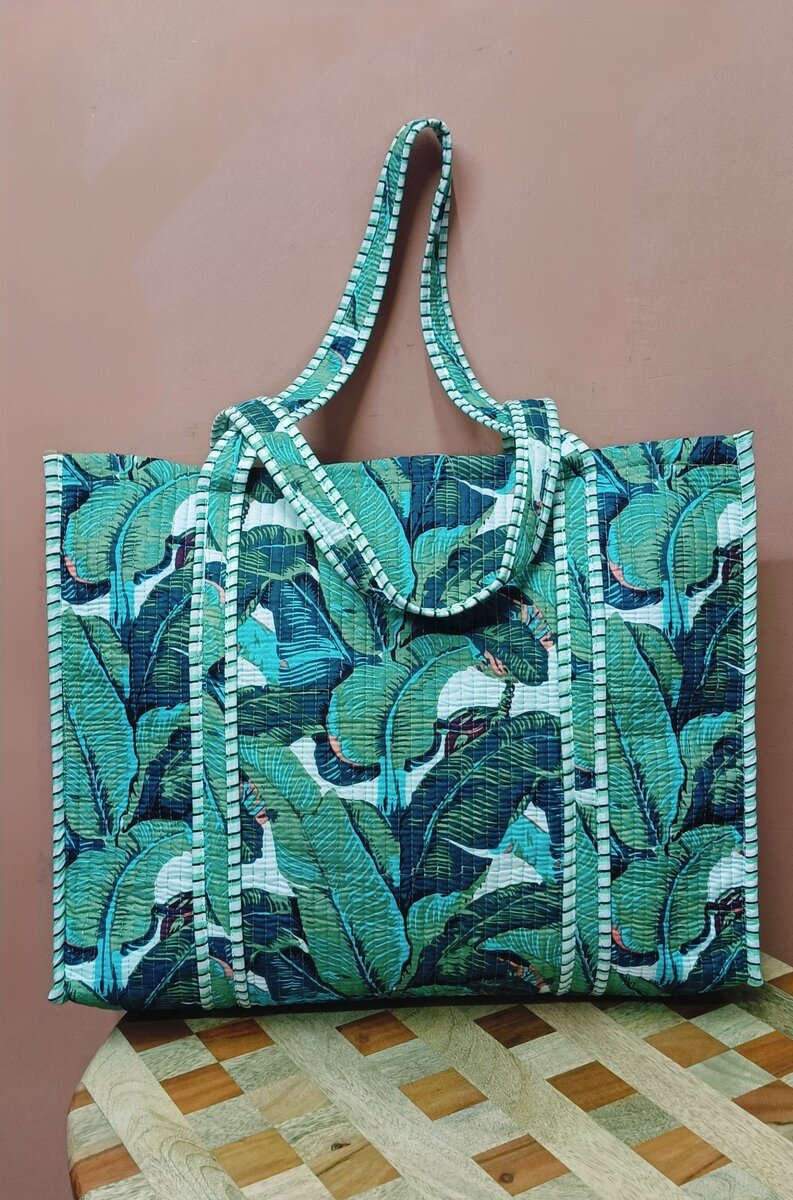 Handblock Printed Quilted Tote Bag without zip/button 17x18x 6 inches