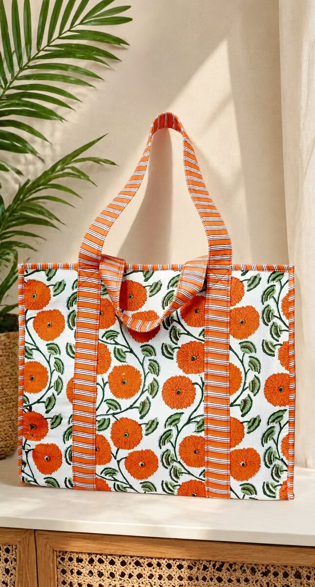 Structured Tote Bag without zip - 100% cotton Handblock printed 17x18x6 inches