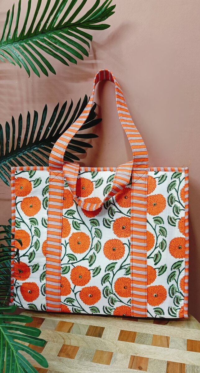 Structured Tote Bag without zip - 100% cotton Handblock printed 17x18x6 inches