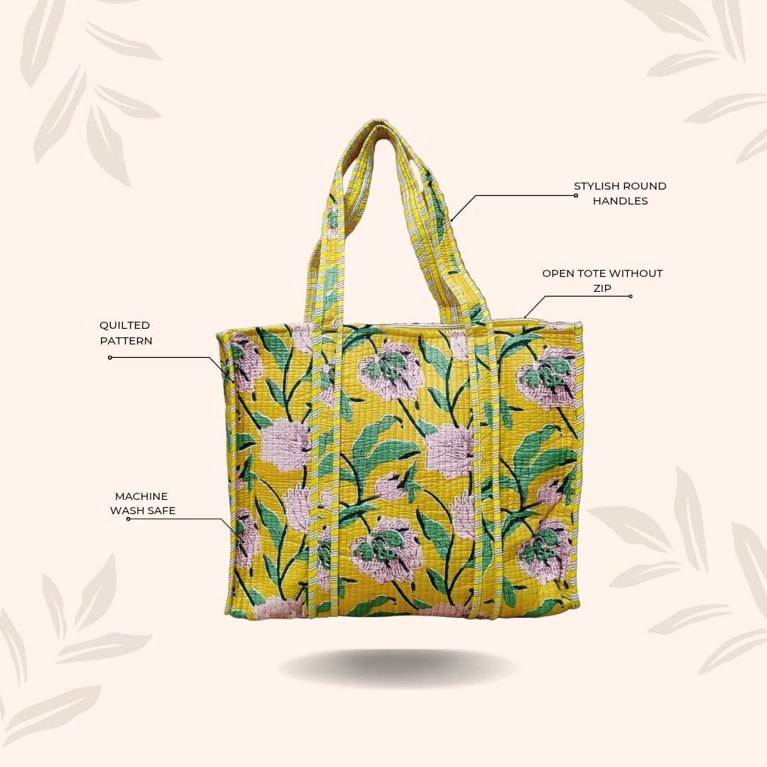 Handblock Printed Quilted Tote Bag without zip/button 17x18x 6 inches