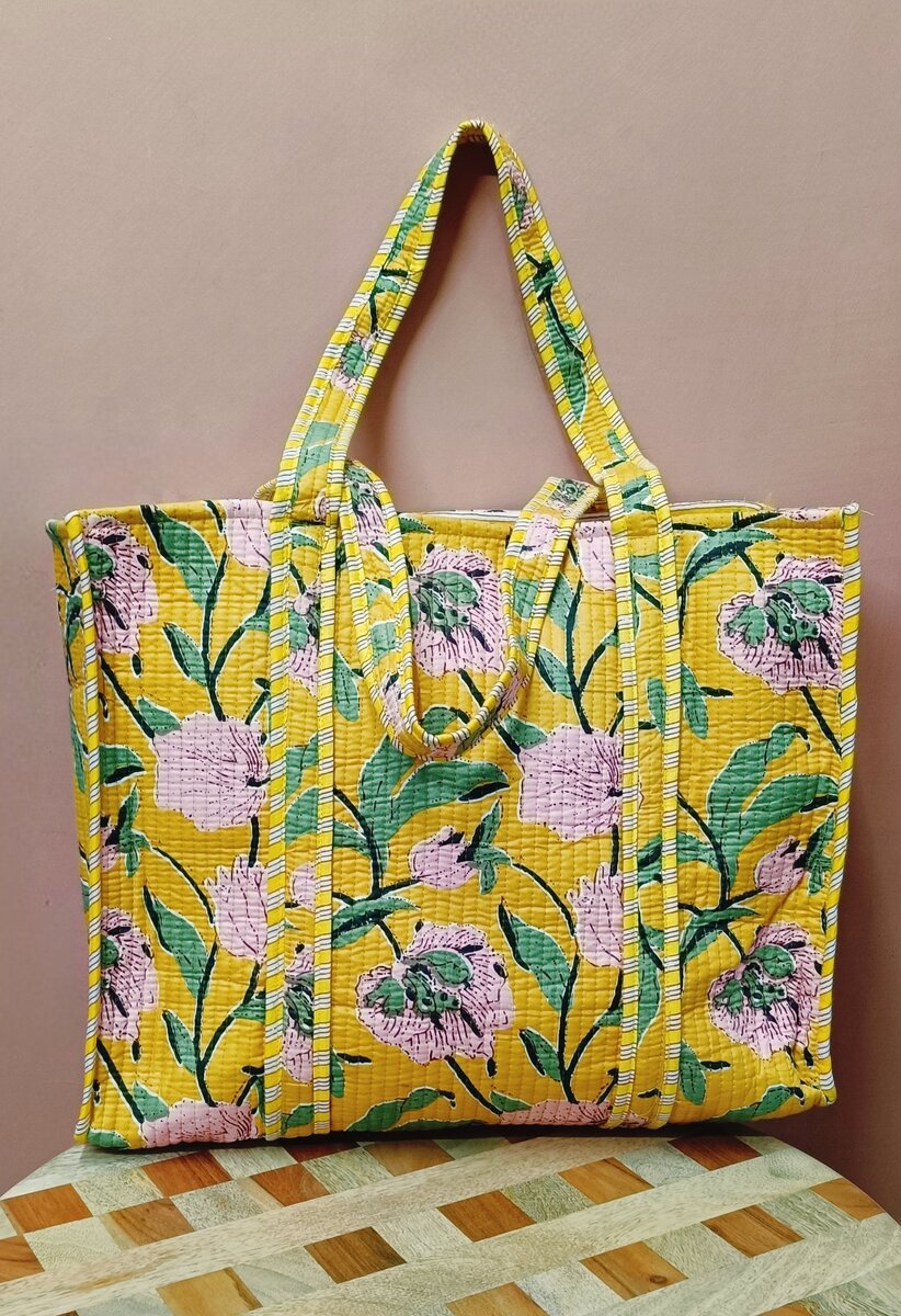 Handblock Printed Quilted Tote Bag without zip/button 17x18x 6 inches