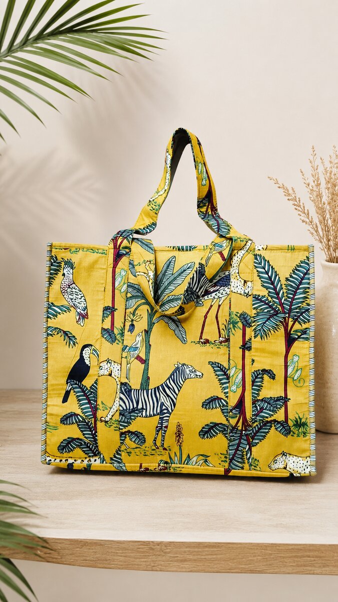 Structured Tote Bag without zip - 100% cotton Handblock printed 17x18x6 inches