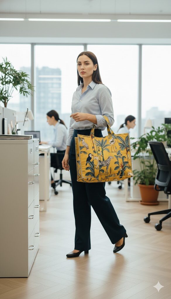 Structured Tote Bag without zip - 100% cotton Handblock printed 17x18x6 inches