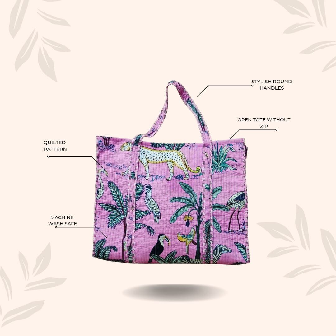 Handblock Printed Quilted Tote Bag without zip/button 17x18x 6 inches