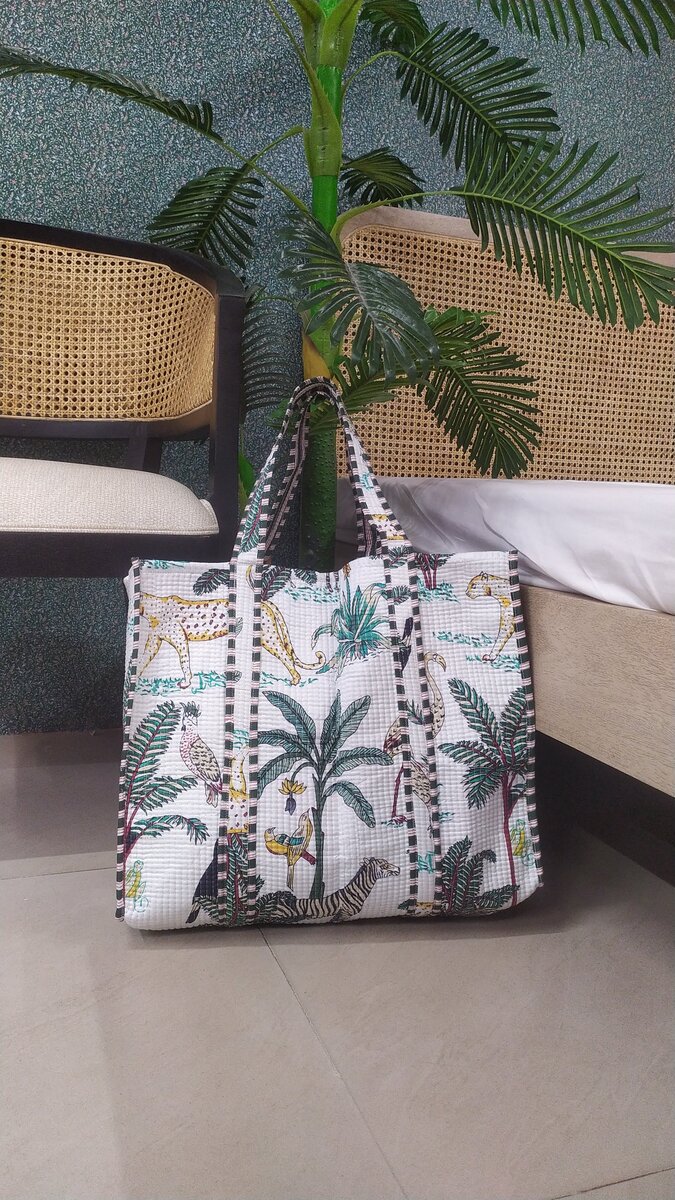 Handblock Printed Quilted Tote Bag without zip/button 17x18x 6 inches