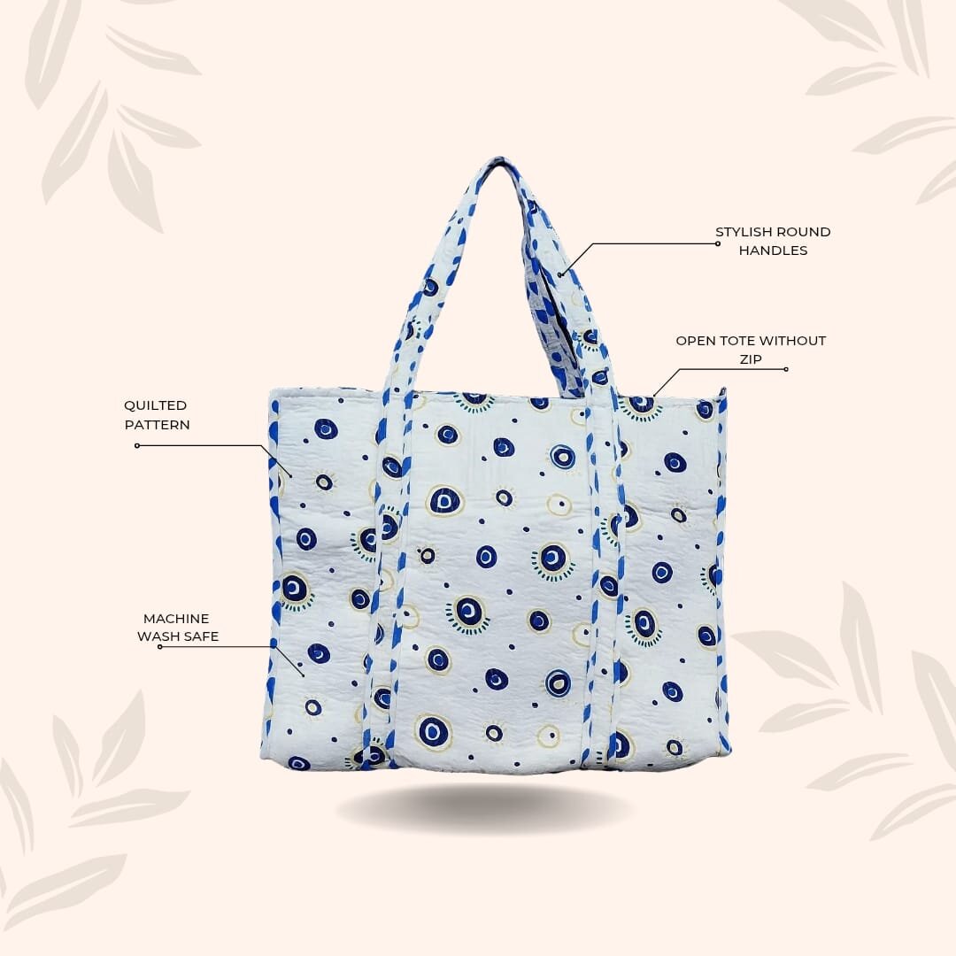 Handblock Printed Quilted Tote Bag without zip/button 17x18x 6 inches