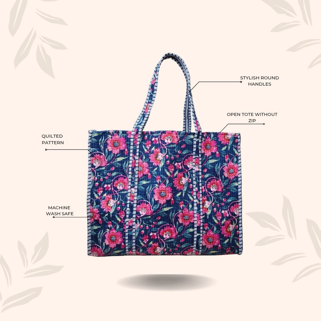 Handblock Printed Quilted Tote Bag without zip/button 17x18x 6 inches