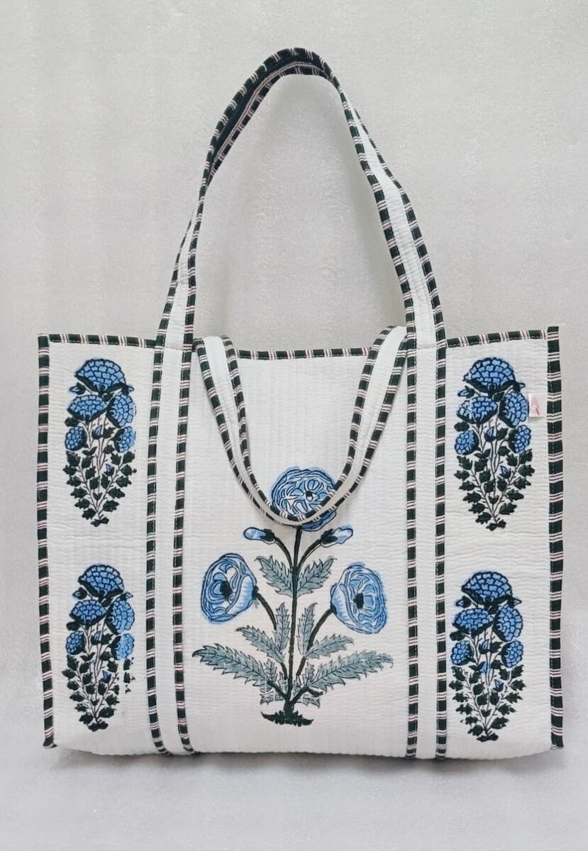 Classic White Block Printed Quilted Tote Bag without zip/button 17x18x 6 inches