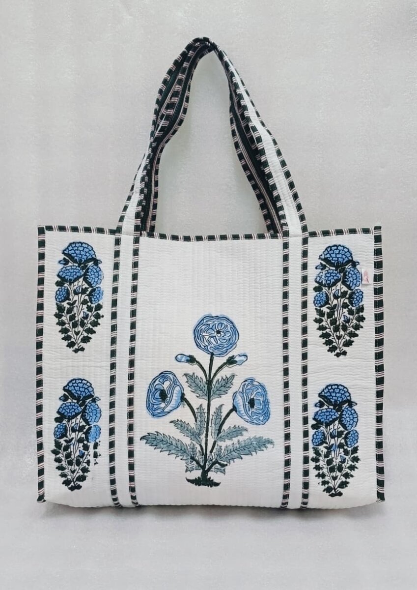 Classic White Block Printed Quilted Tote Bag without zip/button 17x18x 6 inches