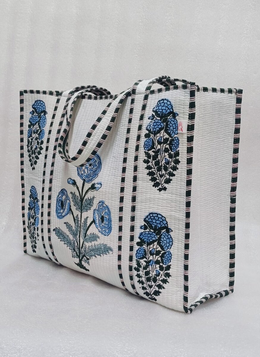 Classic White Block Printed Quilted Tote Bag without zip/button 17x18x 6 inches
