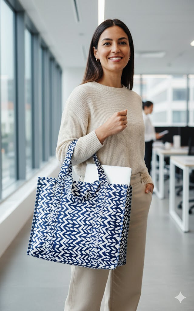 Structured Tote Bag without zip - 100% cotton Handblock printed 17x18x6 inches