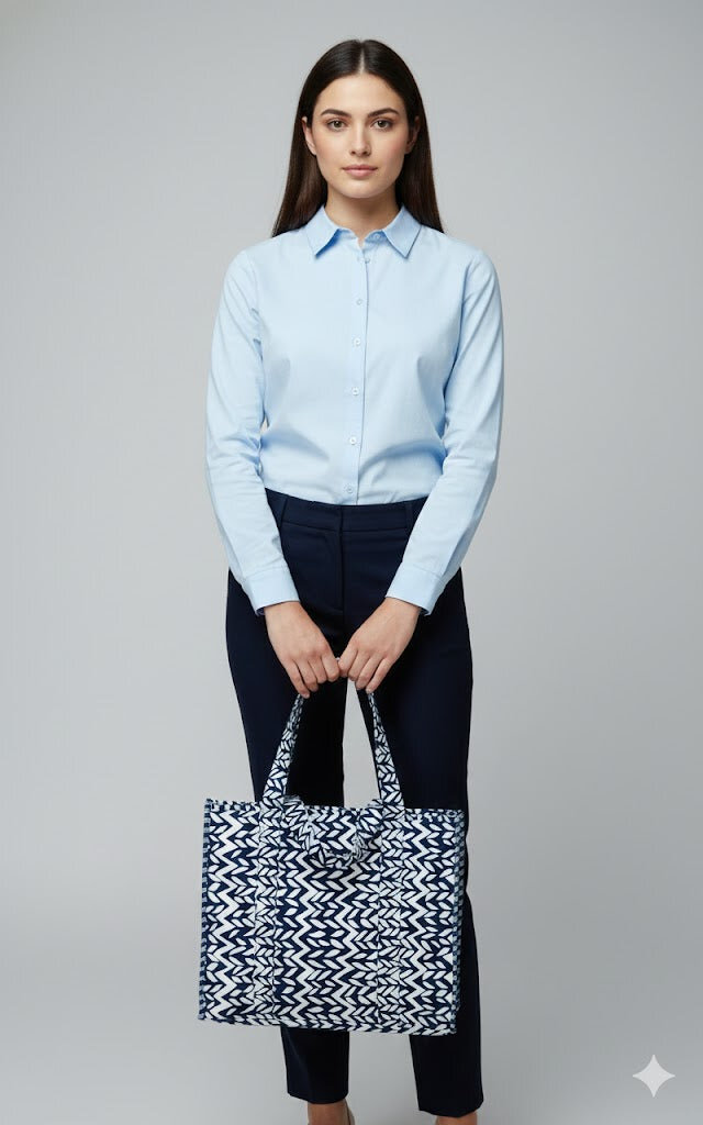 Structured Tote Bag without zip - 100% cotton Handblock printed 17x18x6 inches