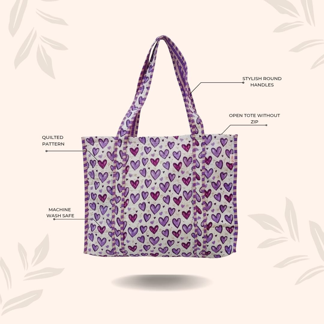 Handblock Printed Quilted Tote Bag without zip/button 17x18x 6 inches