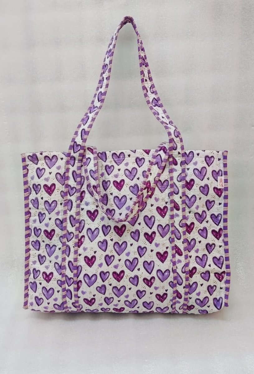 Handblock Printed Quilted Tote Bag without zip/button 17x18x 6 inches