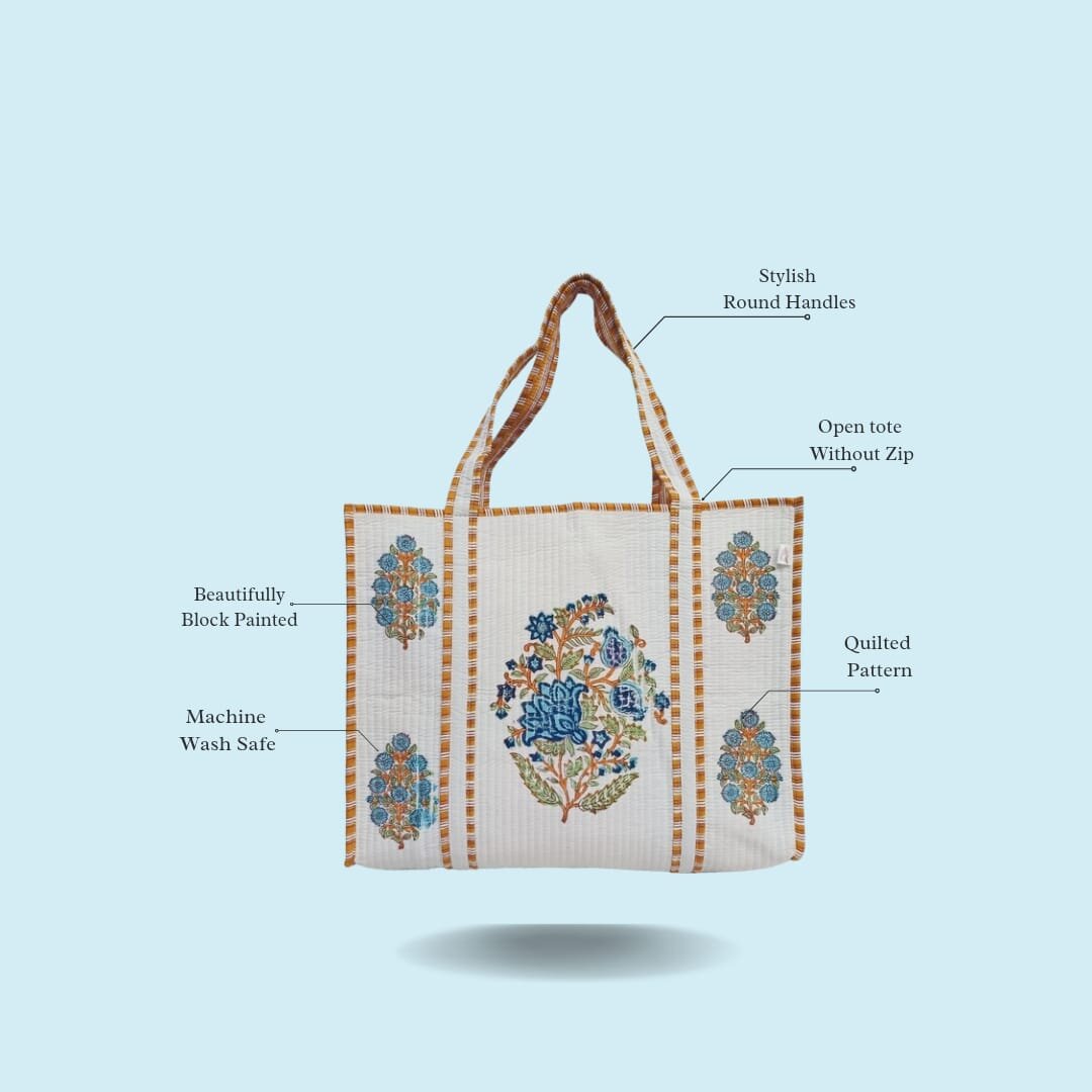 Classic White Block Printed Quilted Tote Bag without zip/button 17x18x 6 inches