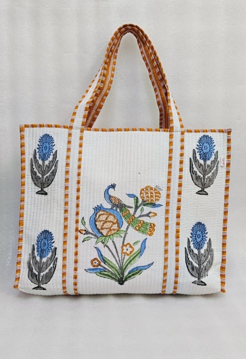 Classic White Block Printed Quilted Tote Bag without zip/button 17x18x 6 inches