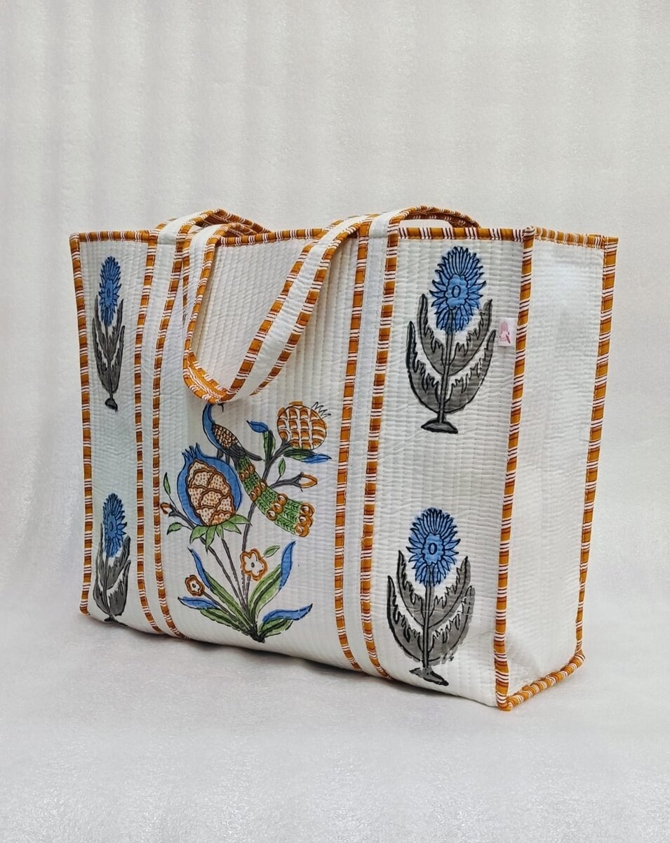 Classic White Block Printed Quilted Tote Bag without zip/button 17x18x 6 inches