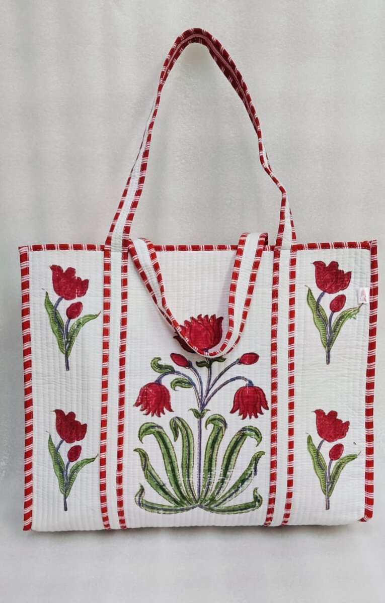 Classic White Block Printed Quilted Tote Bag without zip/button 17x18x 6 inches