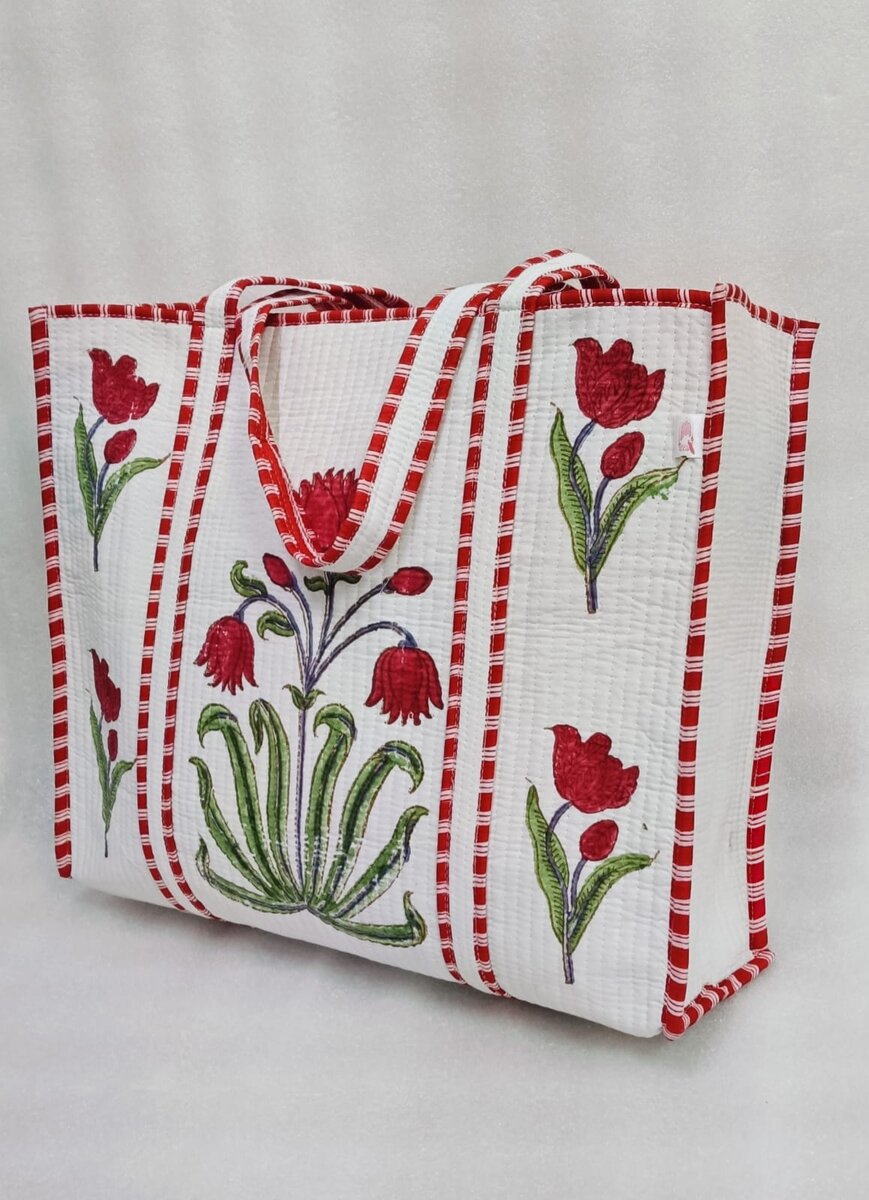 Classic White Block Printed Quilted Tote Bag without zip/button 17x18x 6 inches