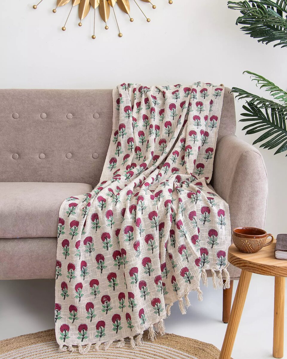 Cotton block print throw blanket
