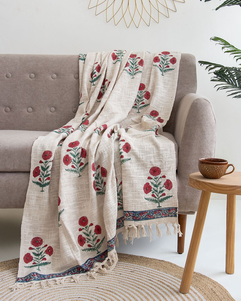 Maroon Marigold Floral Decor Cotton Block Print Throw Blanket